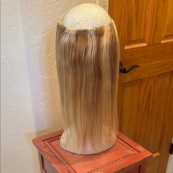 Human Hair Blonde Halo Loop Hair Piece 16” Never Used 15” Blonde